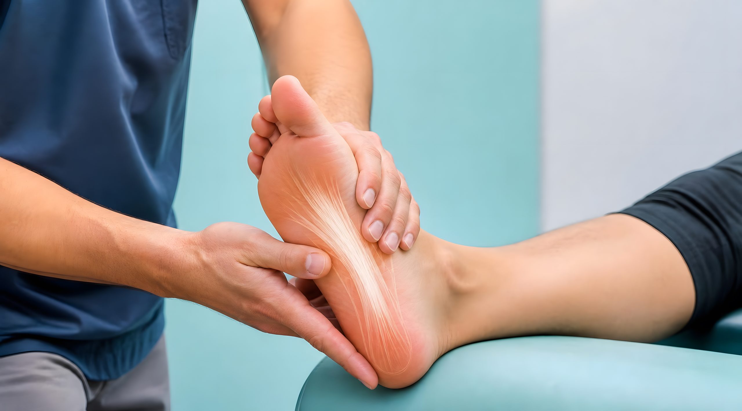 Foot, pain and plantar fasciitis in medical exam with podiatrist, orthopedic doctor and sports injury. Patient, physiotherapy and healthcare with inflammation, ligament and heel pain at wellness clin Plantar Fascia